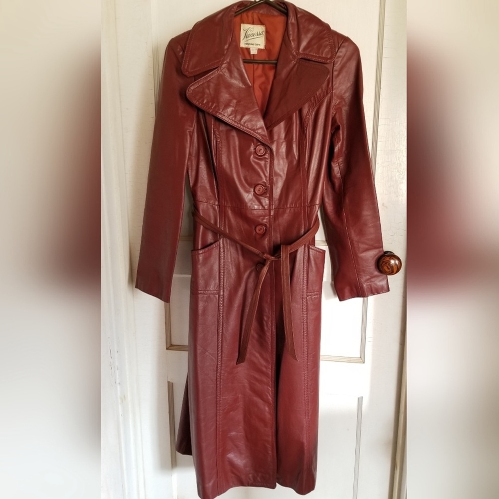 vintage genuine red leather trench coat